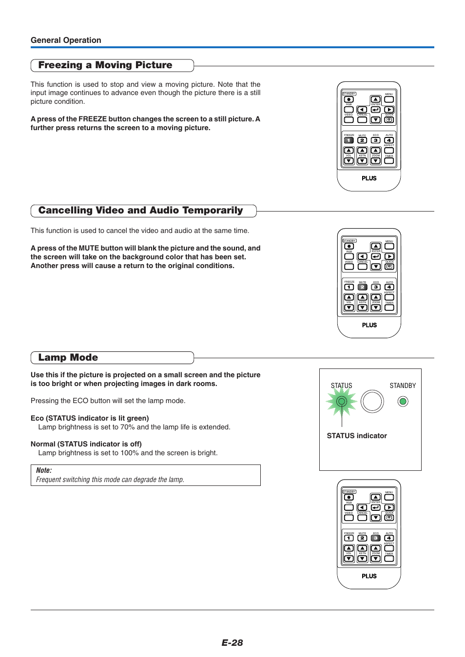 Freezing a moving picture, Cancelling video and audio temporarily, Lamp mode | E-28, General operation, Status indicator, Status standby | PLUS Vision U4-237 User Manual | Page 28 / 64