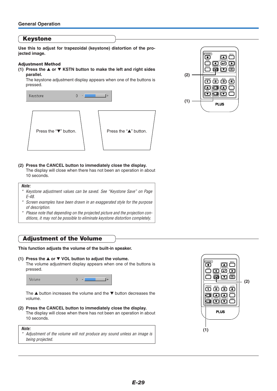 Keystone, Adjustment of the volume, E-29 | General operation | PLUS Vision U4-237 User Manual | Page 29 / 64