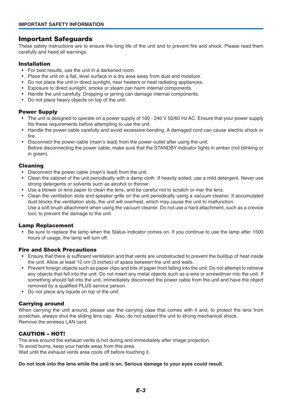 Important safeguards | PLUS Vision U4-237 User Manual | Page 3 / 64
