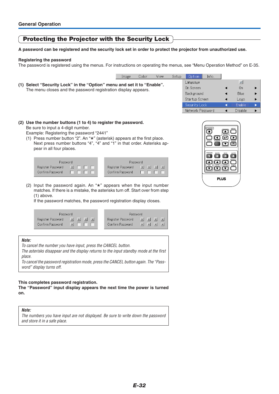 Protecting the projector with the security lock, E-32, General operation | PLUS Vision U4-237 User Manual | Page 32 / 64