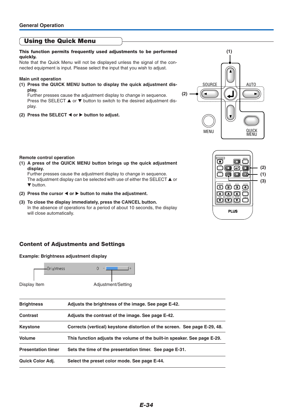 Using the quick menu, E-34, Content of adjustments and settings | General operation | PLUS Vision U4-237 User Manual | Page 34 / 64