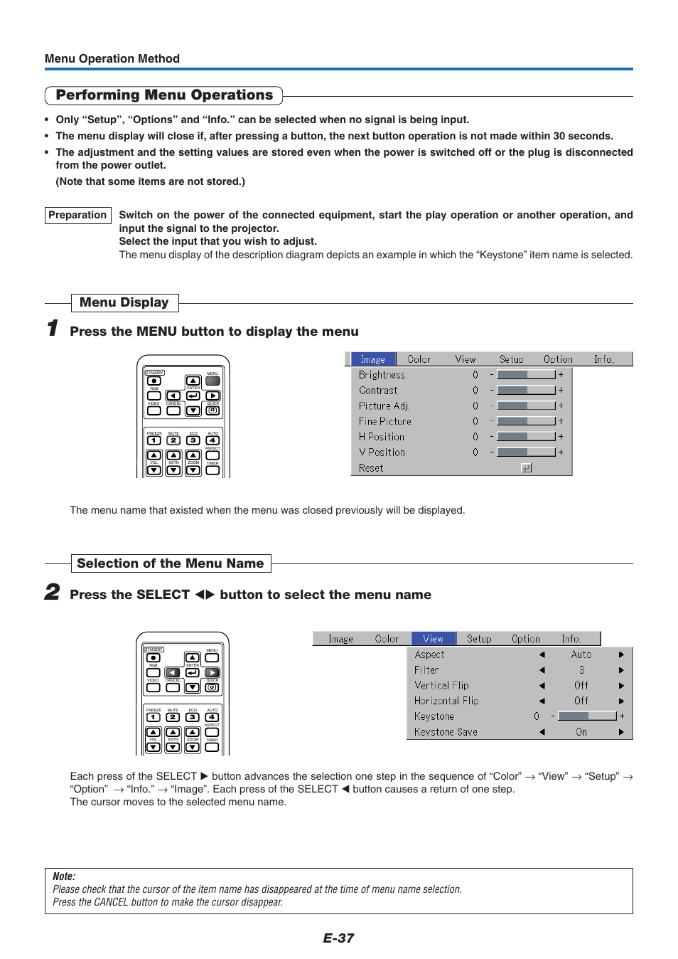 Performing menu operations, E-37, Menu operation method | PLUS Vision U4-237 User Manual | Page 37 / 64