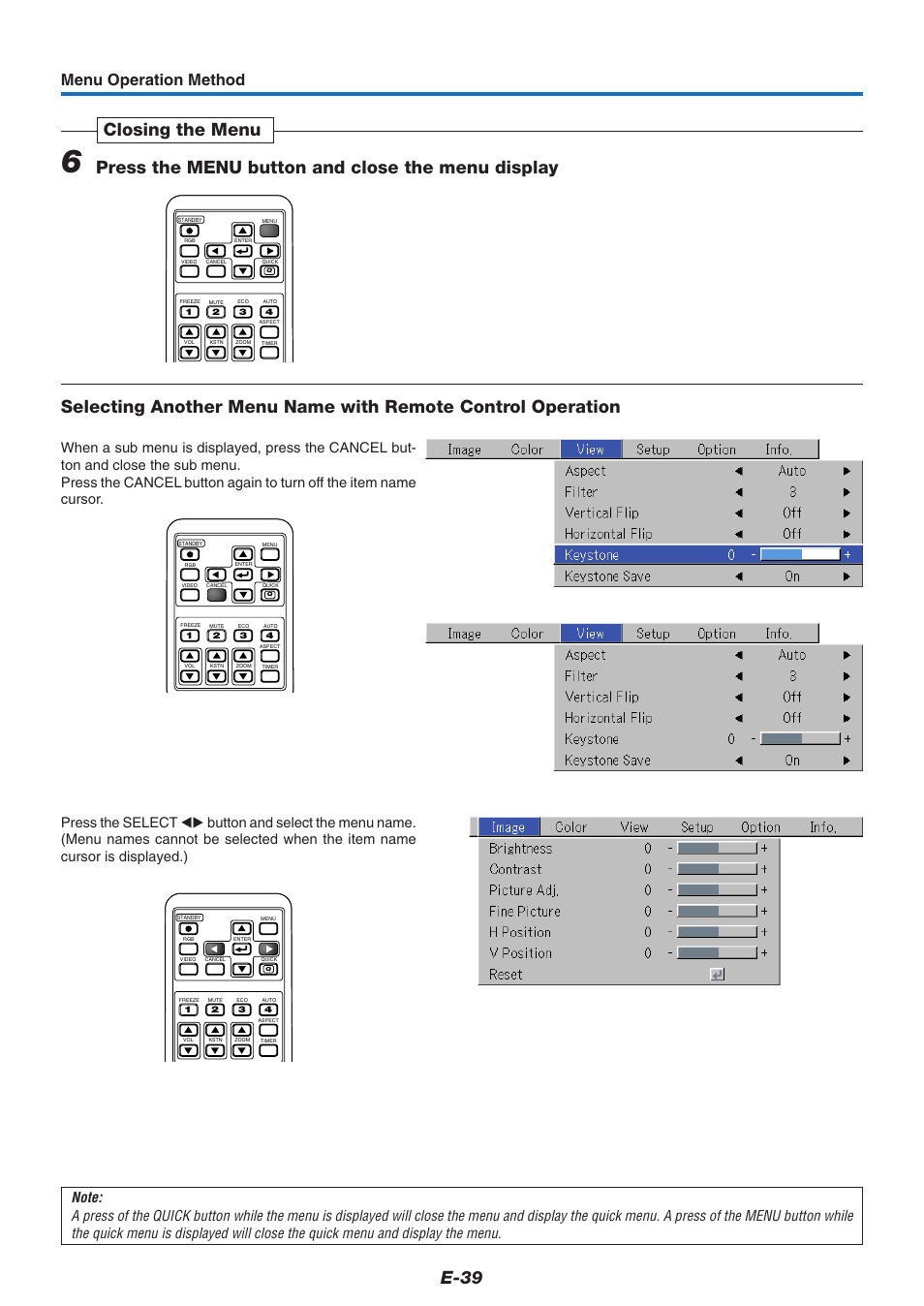 E-39, Menu operation method | PLUS Vision U4-237 User Manual | Page 39 / 64