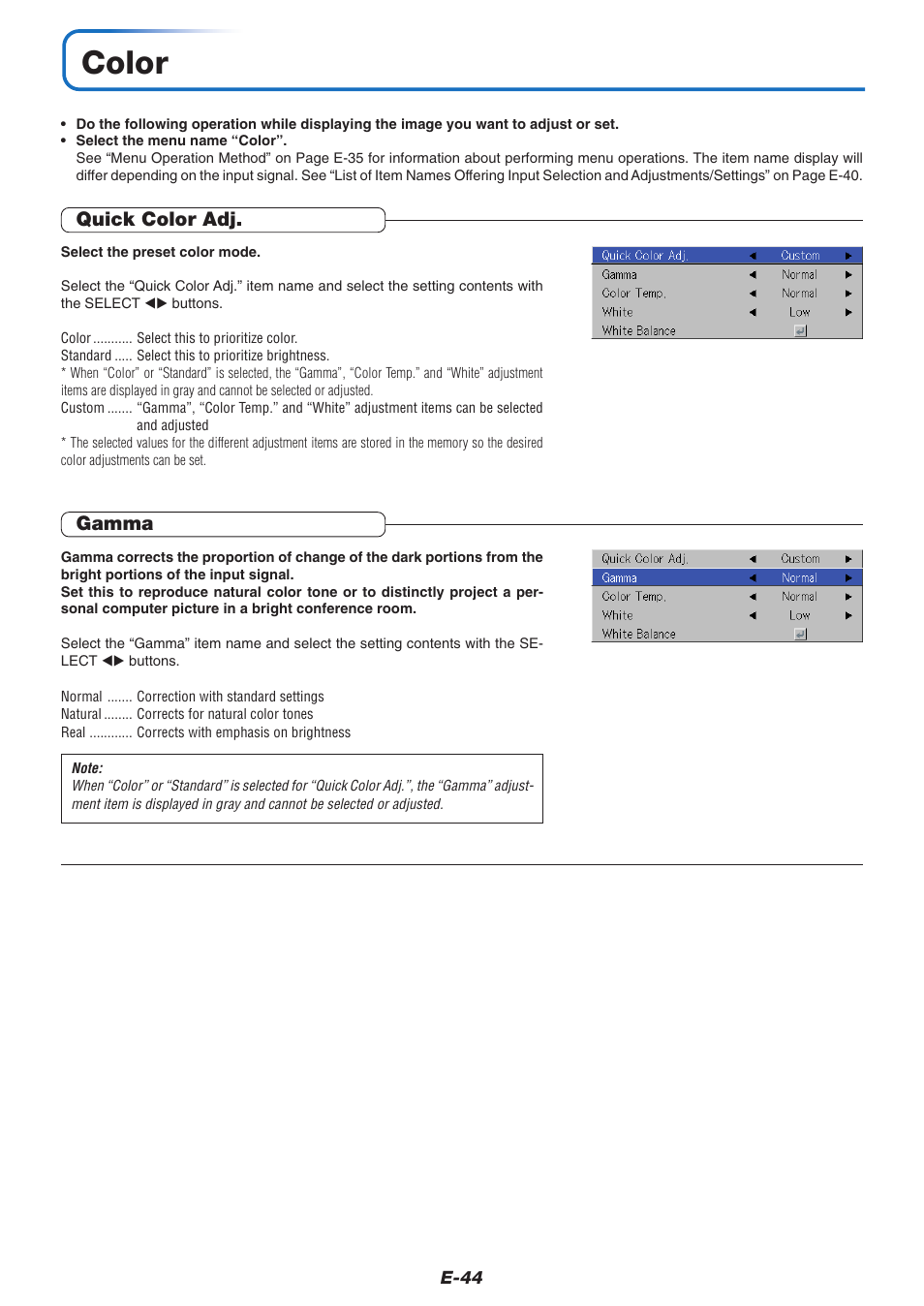 Color, Quick color adj, Gamma | PLUS Vision U4-237 User Manual | Page 44 / 64