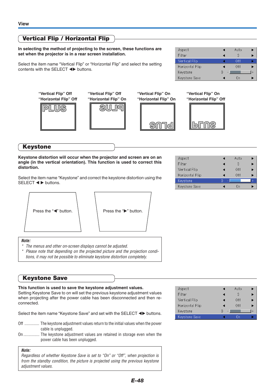 Vertical flip / horizontal flip, Keystone, Keystone save | PLUS Vision U4-237 User Manual | Page 48 / 64