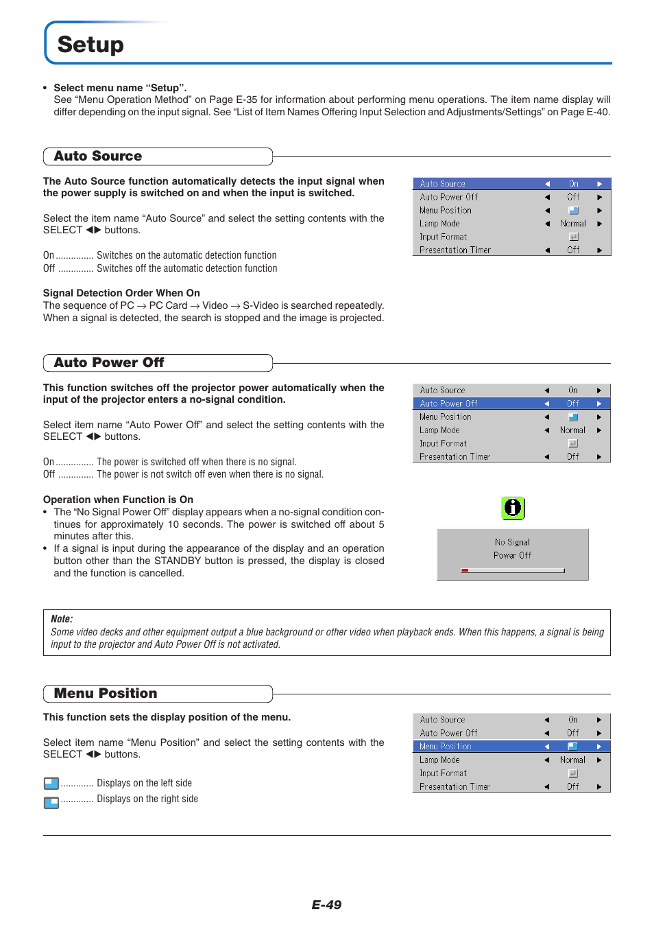 Setup, Auto source, Auto power off | Menu position | PLUS Vision U4-237 User Manual | Page 49 / 64