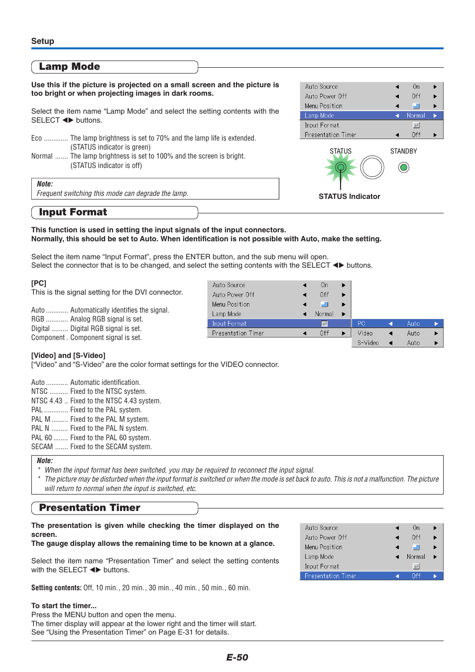 Lamp mode, Input format, Presentation timer | PLUS Vision U4-237 User Manual | Page 50 / 64