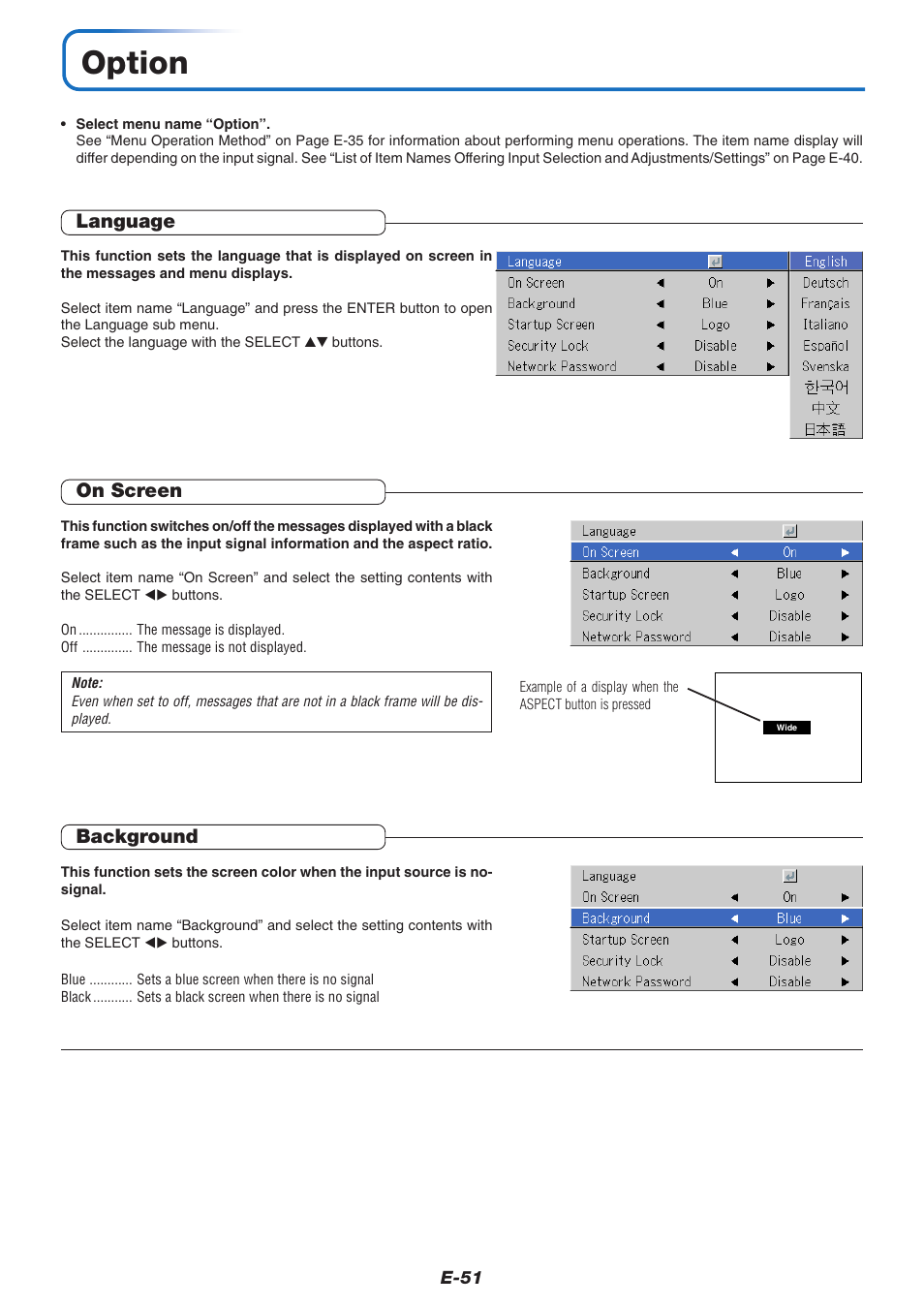 Option, Language, On screen | Background | PLUS Vision U4-237 User Manual | Page 51 / 64