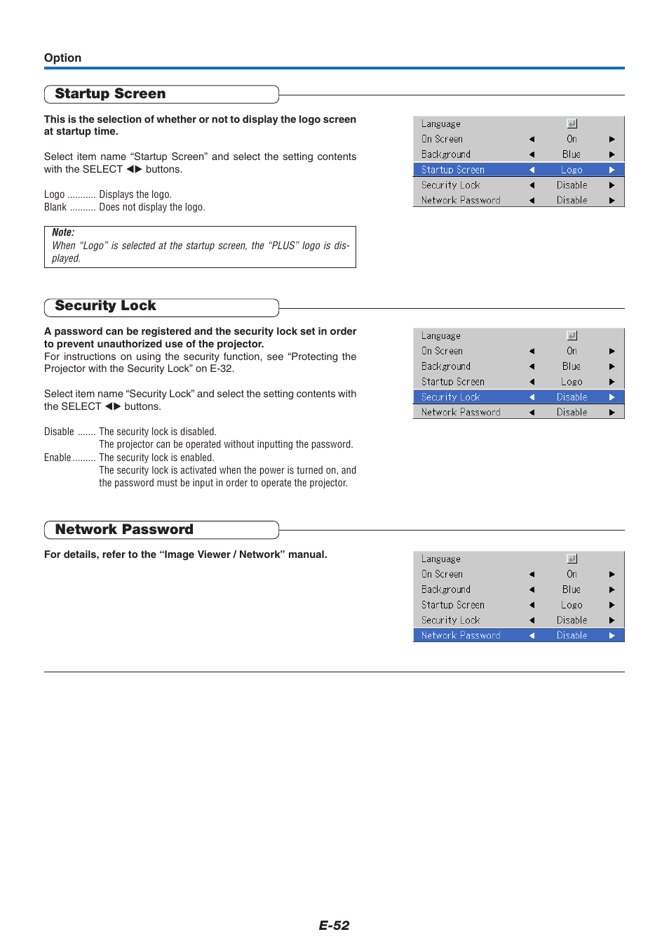 Startup screen, Security lock, Network password | PLUS Vision U4-237 User Manual | Page 52 / 64