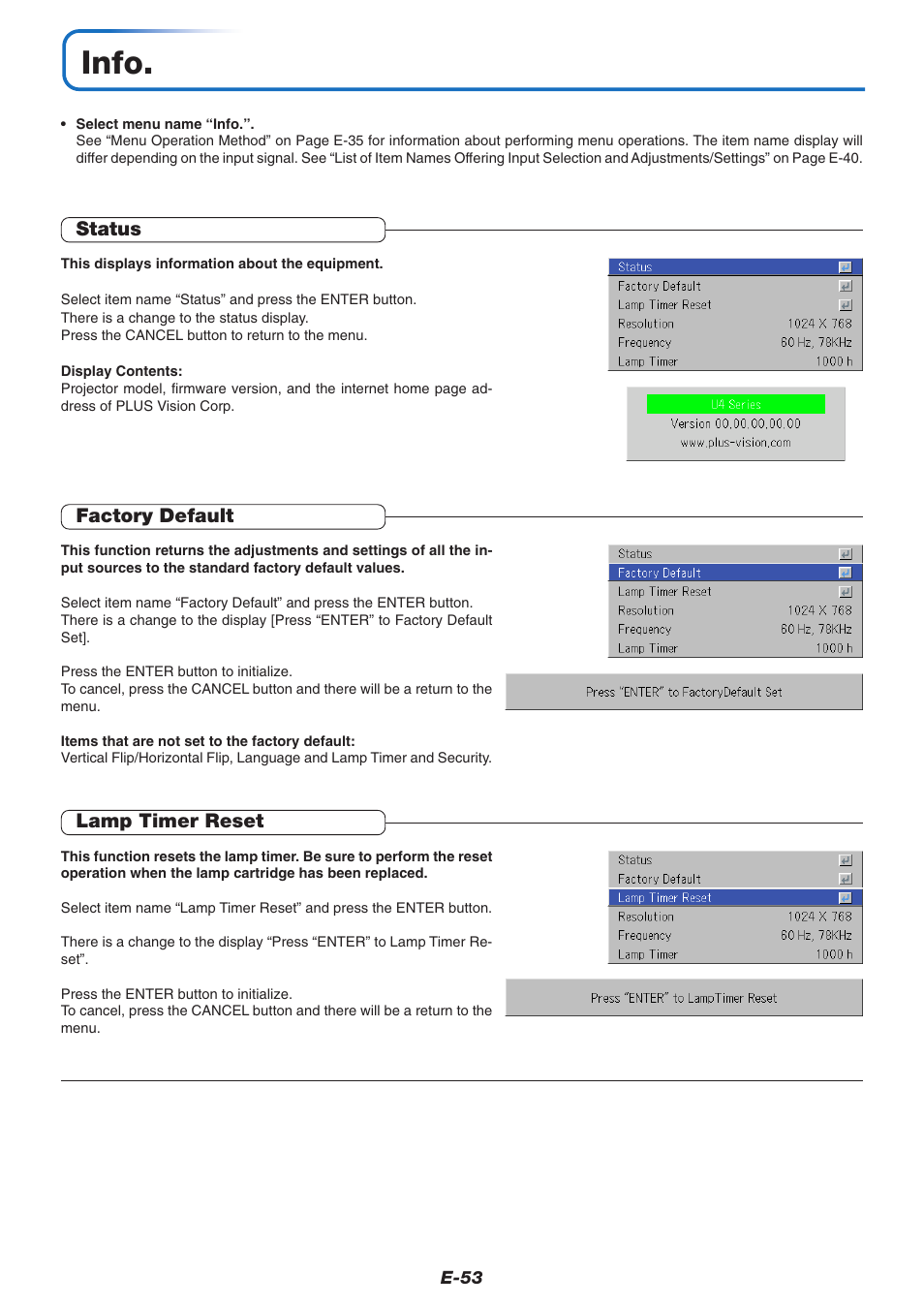 Info, Status, Factory default | Lamp timer reset | PLUS Vision U4-237 User Manual | Page 53 / 64