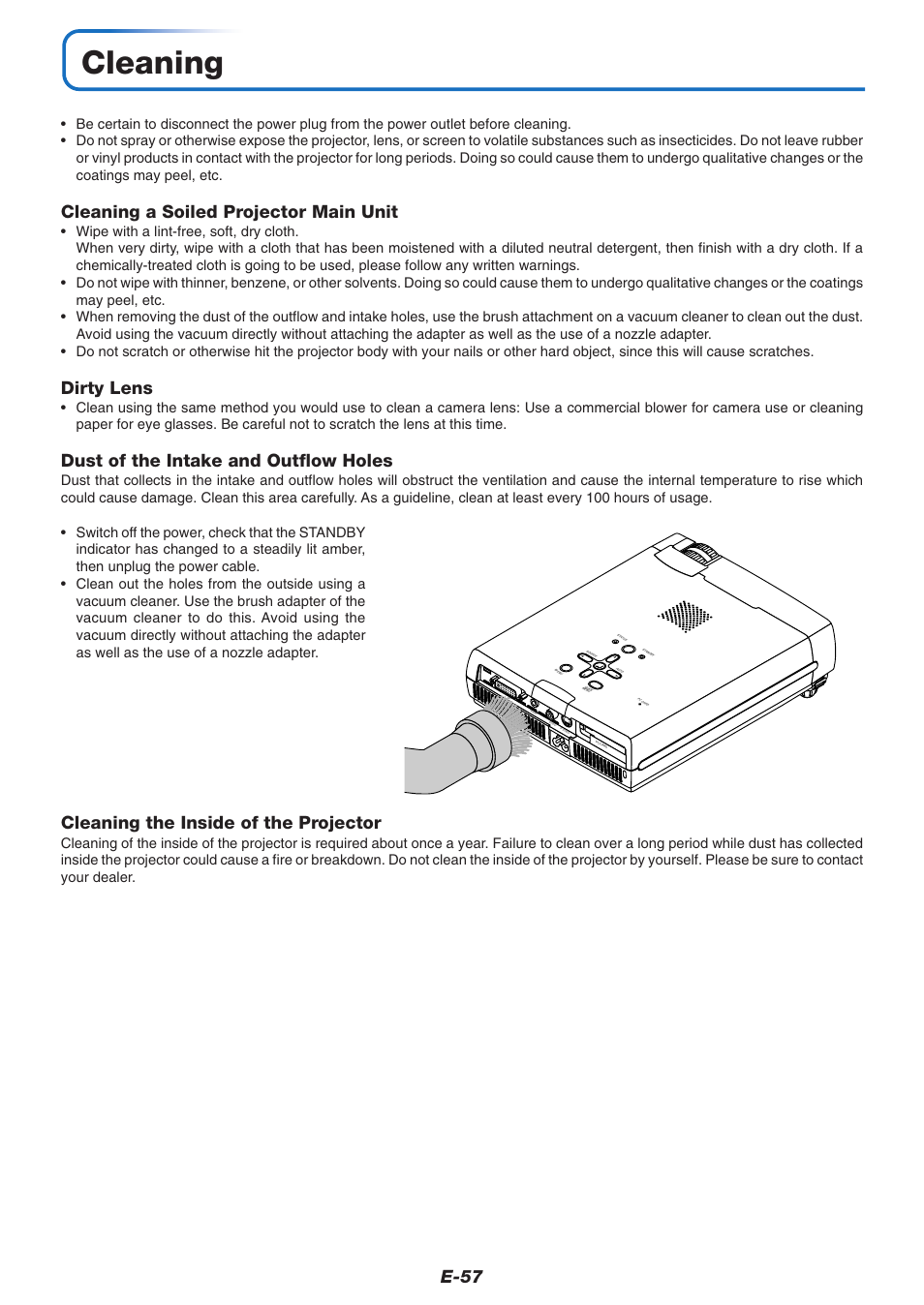 Cleaning, E-57, Cleaning a soiled projector main unit | Dirty lens, Dust of the intake and outflow holes, Cleaning the inside of the projector | PLUS Vision U4-237 User Manual | Page 57 / 64