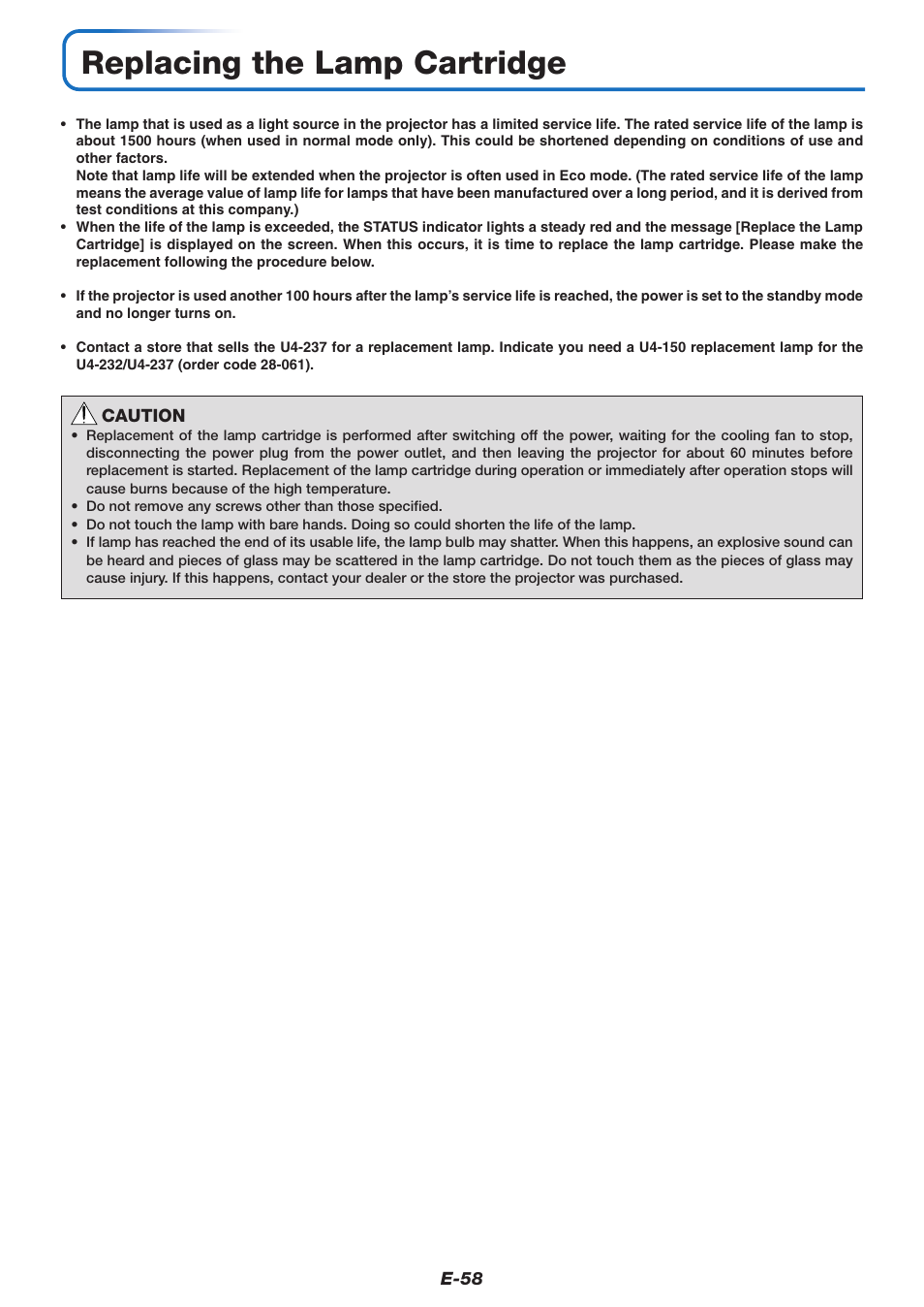 Replacing the lamp cartridge | PLUS Vision U4-237 User Manual | Page 58 / 64