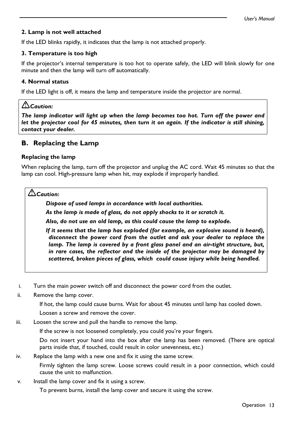 Replacing the lamp, B. replacing the lamp | PLUS Vision DLPTM Technology Projector User Manual | Page 17 / 27