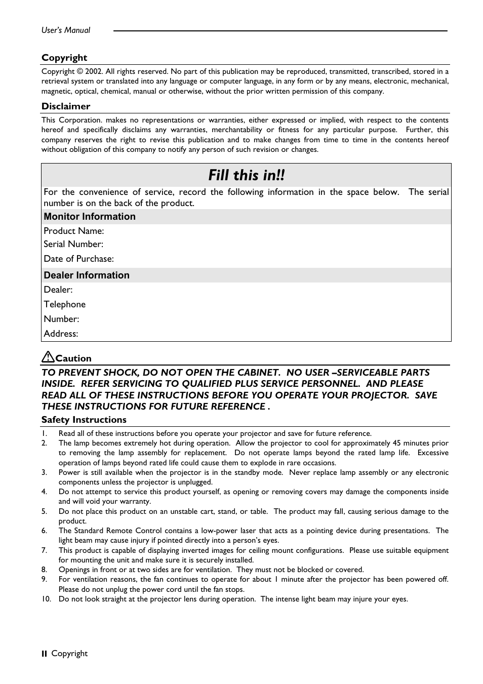Fill this in | PLUS Vision DLPTM Technology Projector User Manual | Page 2 / 27