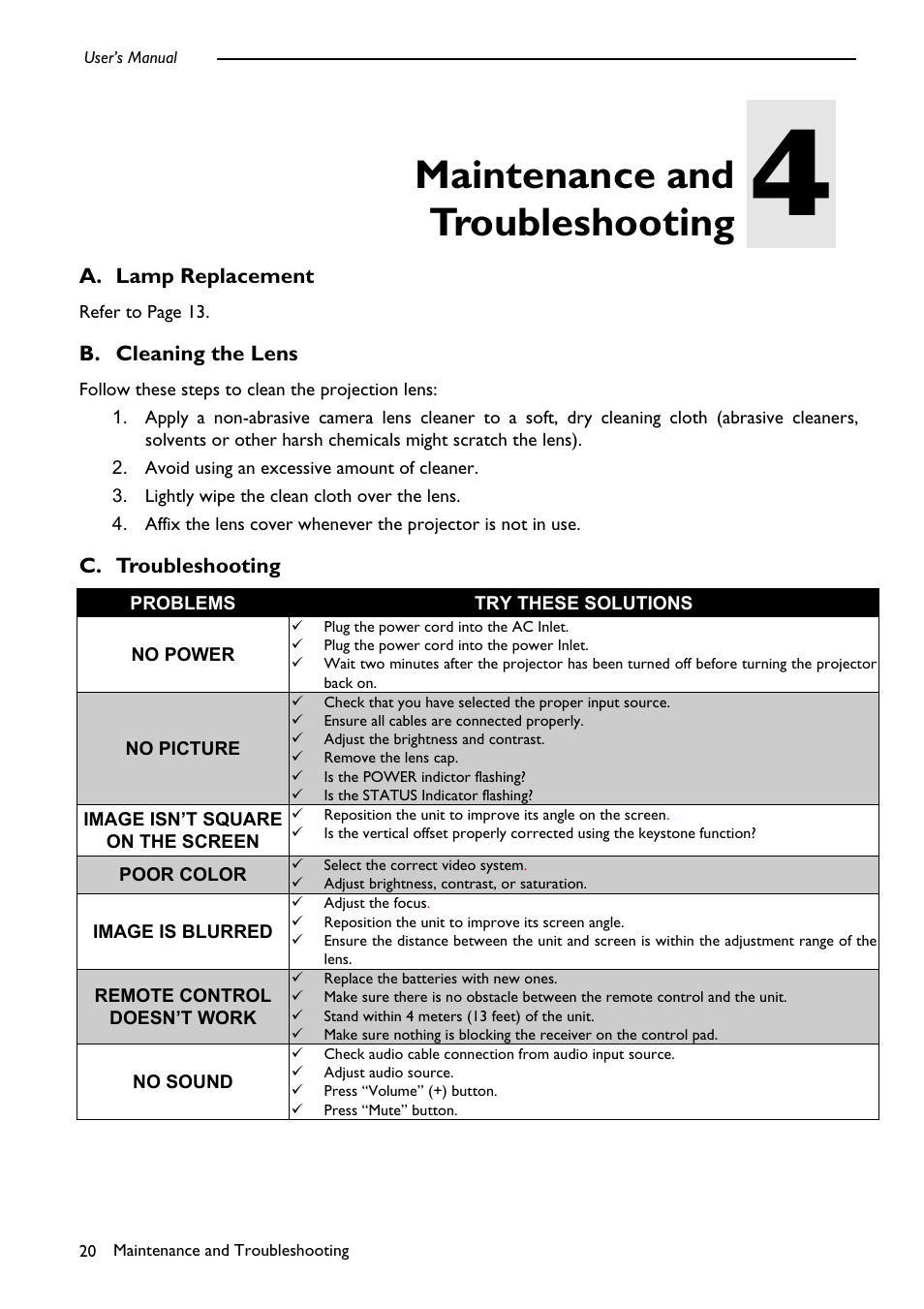 Maintenance and troubleshooting, Lamp replacement, Cleaning the lens | Troubleshooting | PLUS Vision DLPTM Technology Projector User Manual | Page 24 / 27
