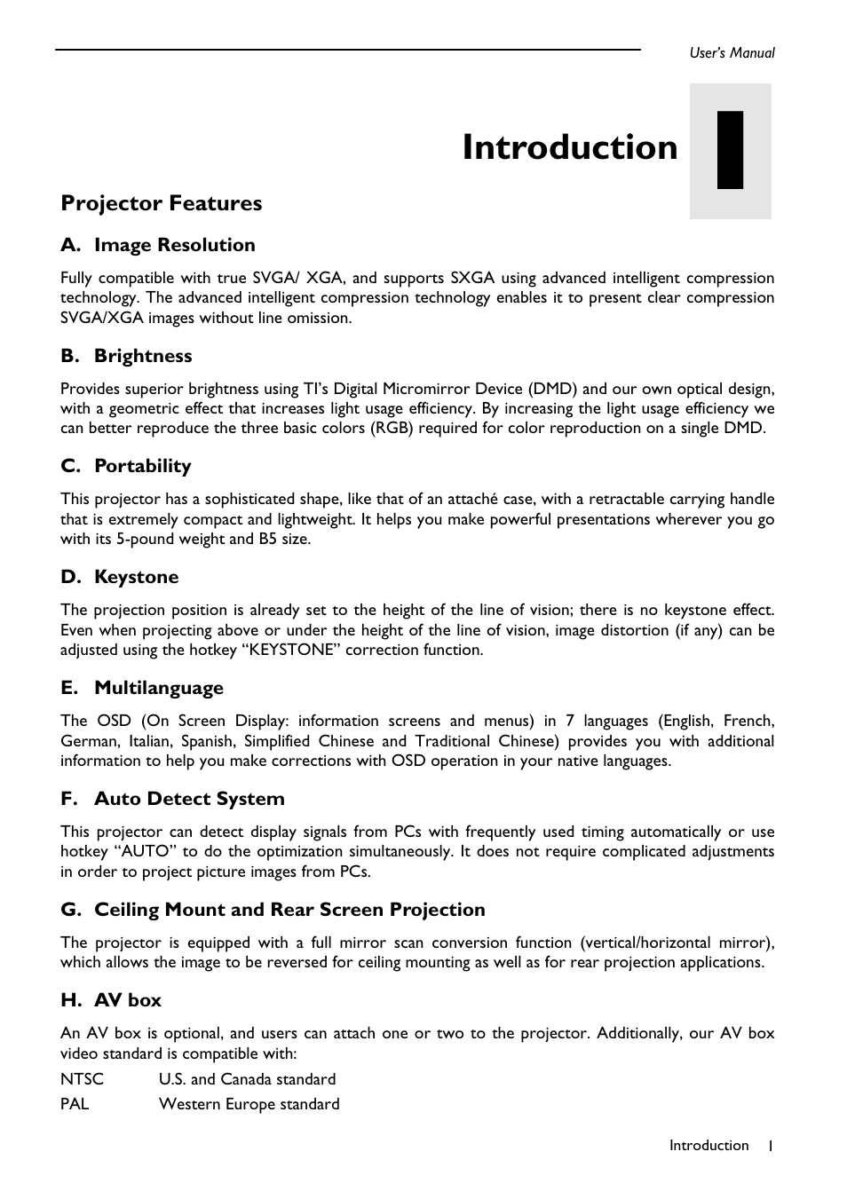 Introduction, Projector features | PLUS Vision DLPTM Technology Projector User Manual | Page 5 / 27
