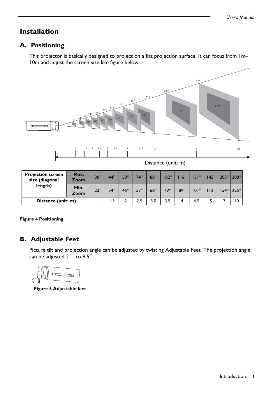 Installation, Positioning, Adjustable feet | A. positioning, B. adjustable feet, Distance (unit: m), User’s manual introduction 3 | PLUS Vision DLPTM Technology Projector User Manual | Page 7 / 27