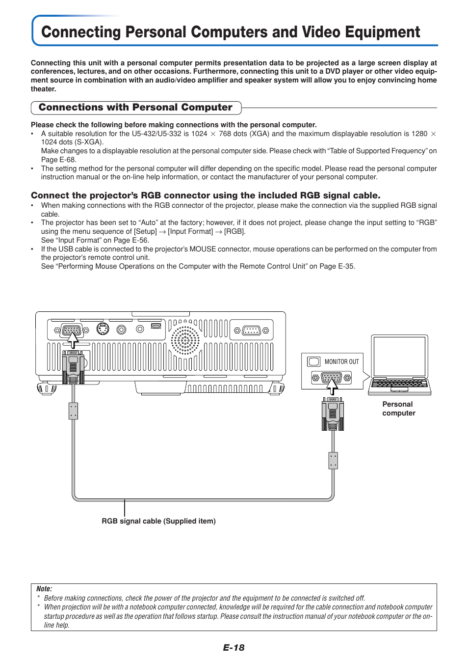 Connecting personal computers and video equipment, Connections with personal computer | PLUS Vision U5-432 User Manual | Page 18 / 70