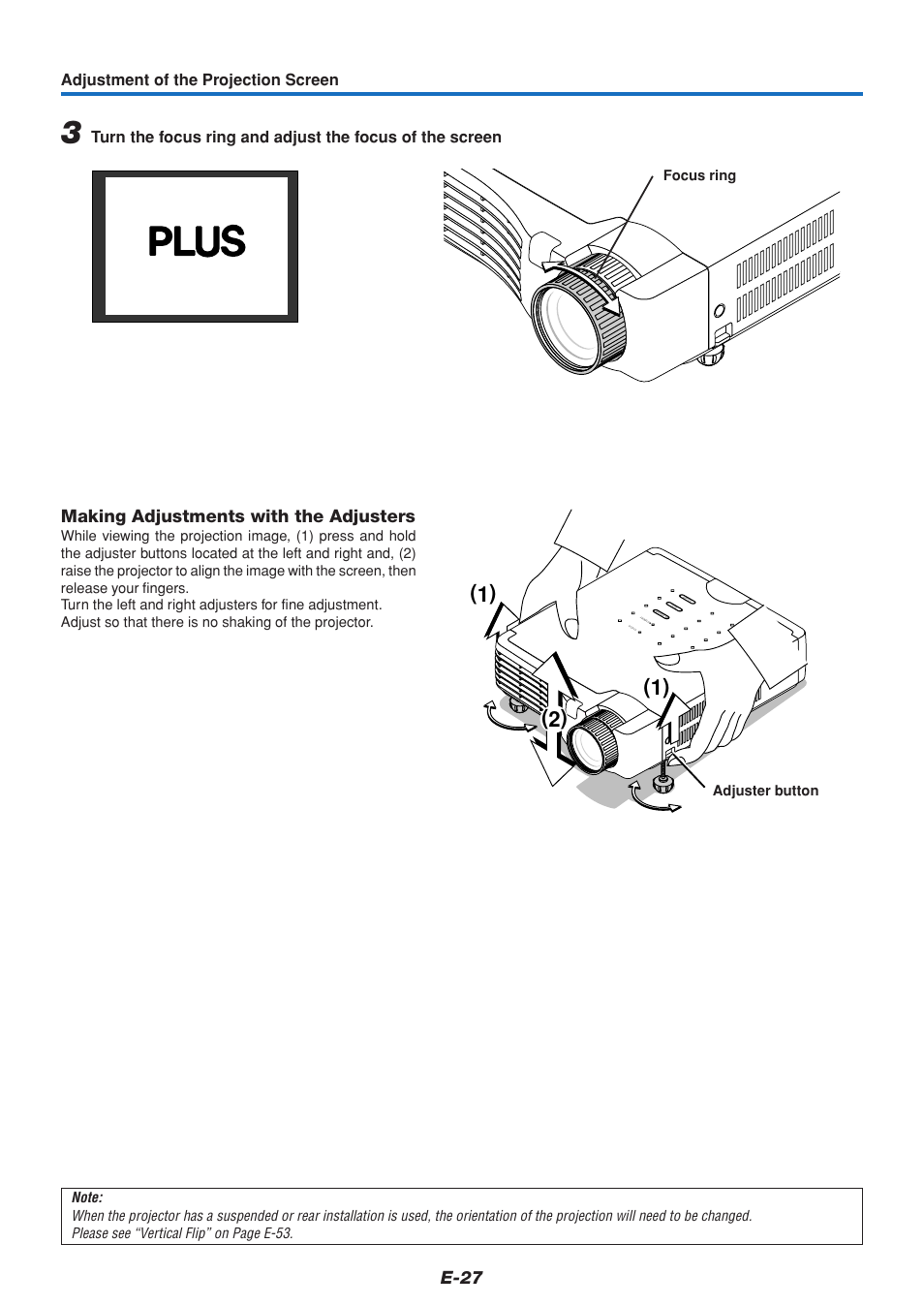 E-27, Making adjustments with the adjusters, Adjustment of the projection screen | PLUS Vision U5-432 User Manual | Page 27 / 70