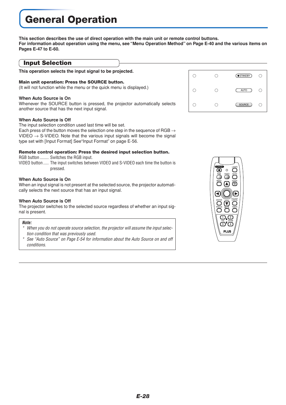 General operation, Input selection, E-28 | PLUS Vision U5-432 User Manual | Page 28 / 70