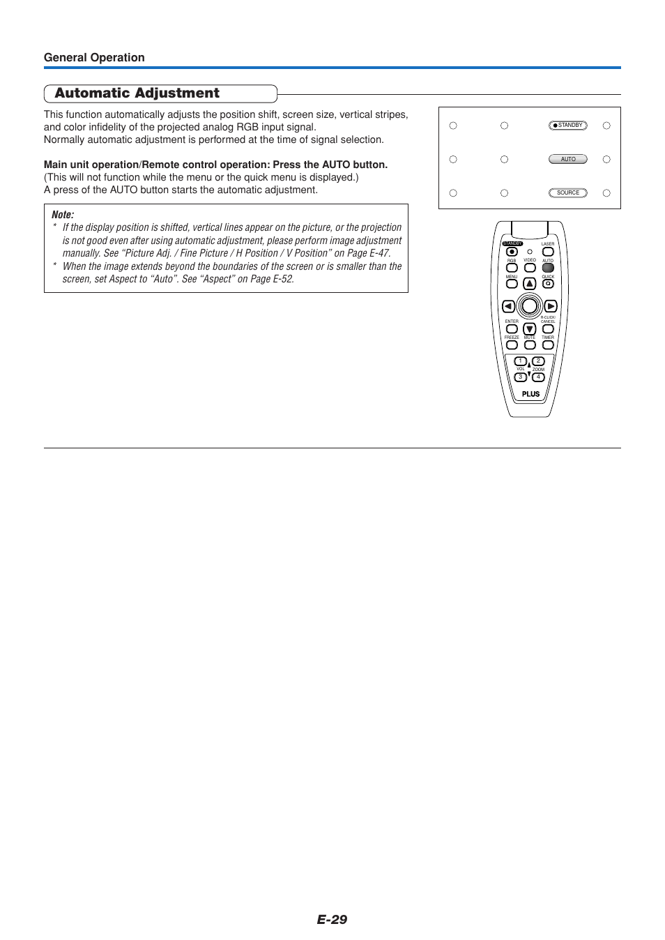 Automatic adjustment, E-29, General operation | PLUS Vision U5-432 User Manual | Page 29 / 70