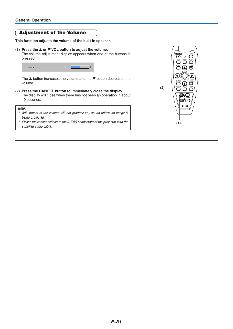 Adjustment of the volume, E-31, General operation | PLUS Vision U5-432 User Manual | Page 31 / 70
