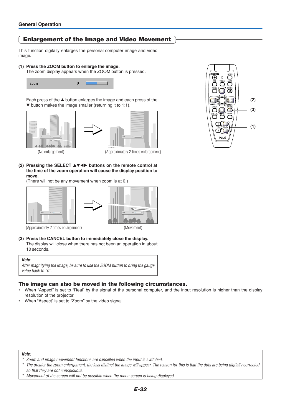 Enlargement of the image and video movement, E-32, General operation | PLUS Vision U5-432 User Manual | Page 32 / 70