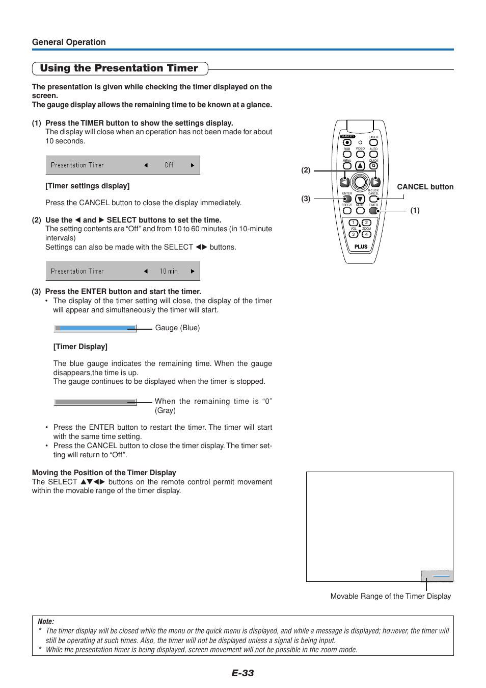 Using the presentation timer, E-33, General operation | PLUS Vision U5-432 User Manual | Page 33 / 70