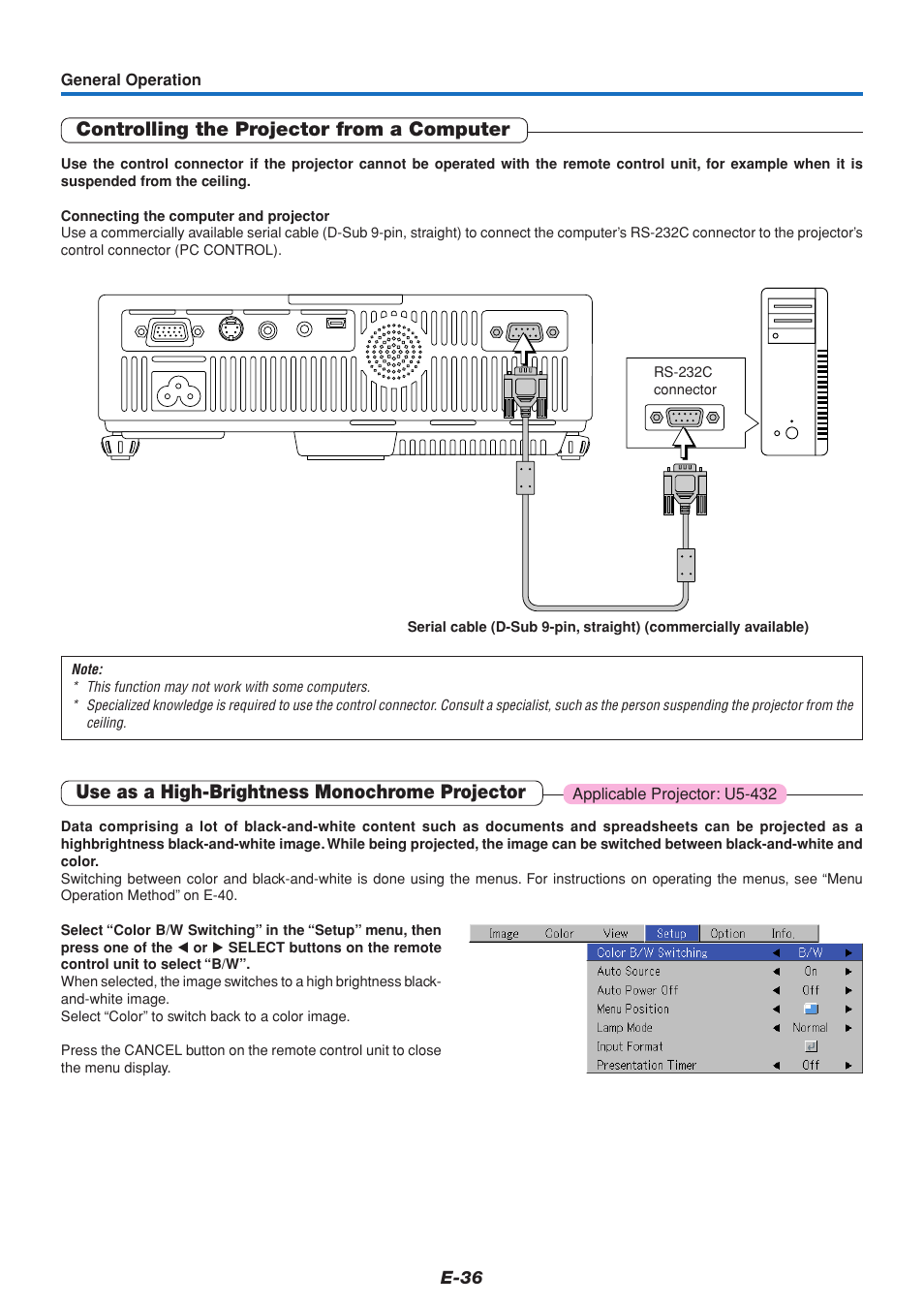 Controlling the projector from a computer, Use as a high-brightness monochrome projector | PLUS Vision U5-432 User Manual | Page 36 / 70