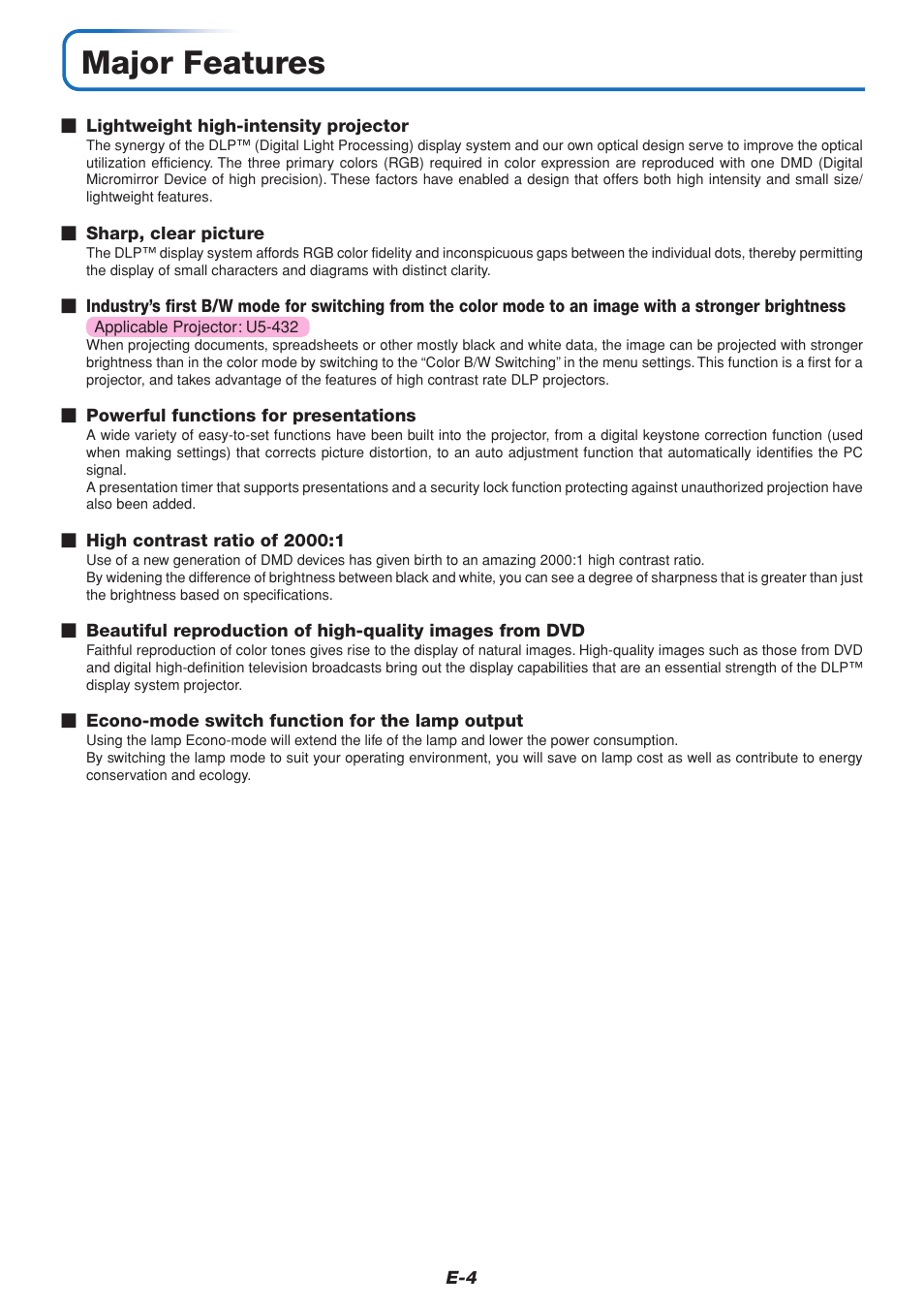 Major features | PLUS Vision U5-432 User Manual | Page 4 / 70