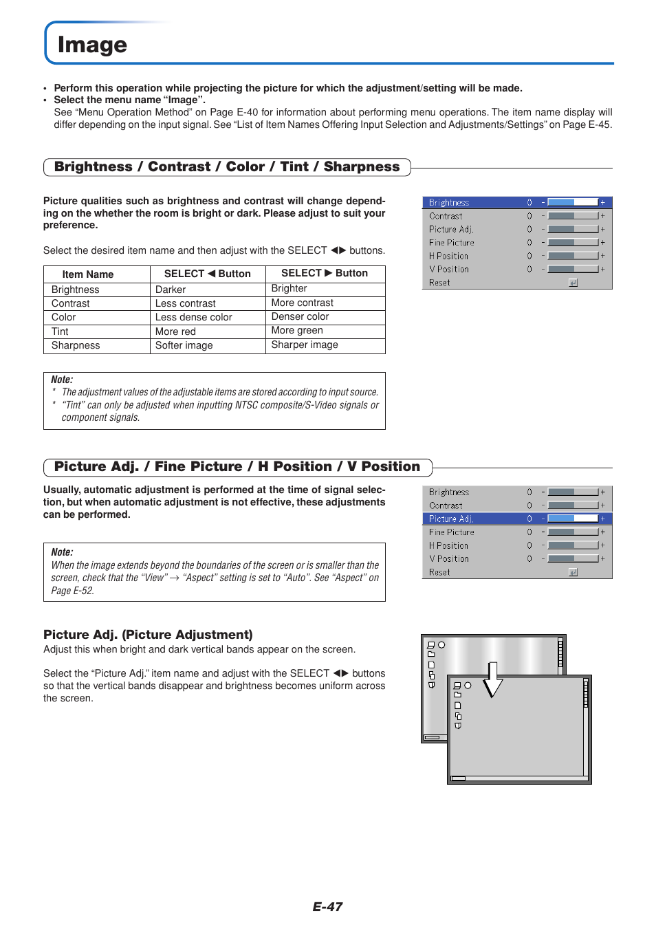 Image, Brightness / contrast / color / tint / sharpness | PLUS Vision U5-432 User Manual | Page 47 / 70