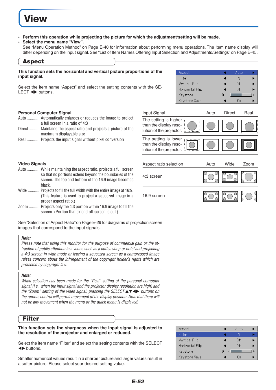 View, Aspect, Filter | PLUS Vision U5-432 User Manual | Page 52 / 70