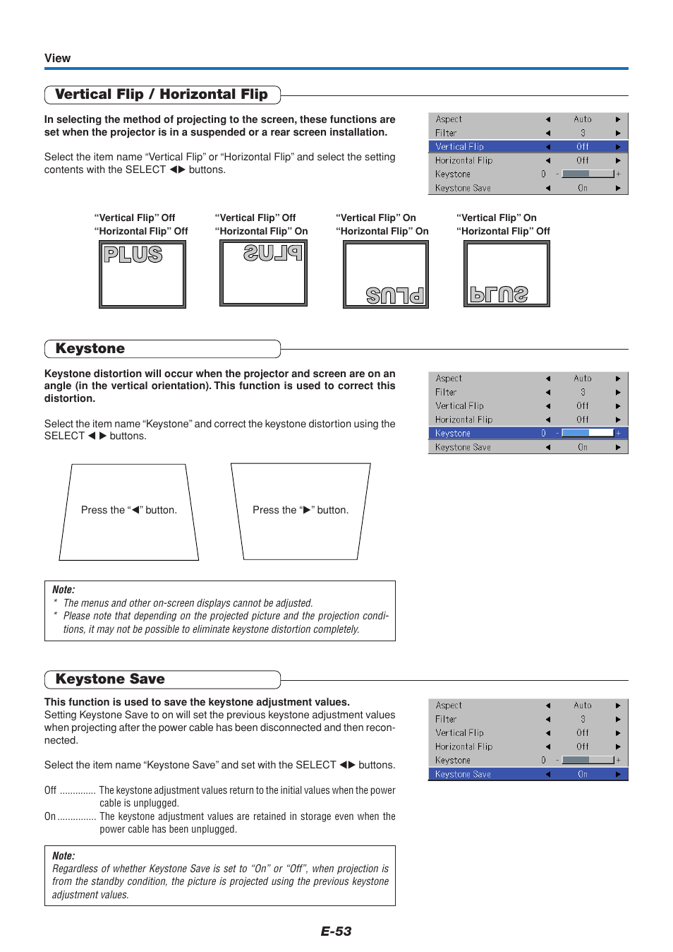 Vertical flip / horizontal flip, Keystone, Keystone save | PLUS Vision U5-432 User Manual | Page 53 / 70