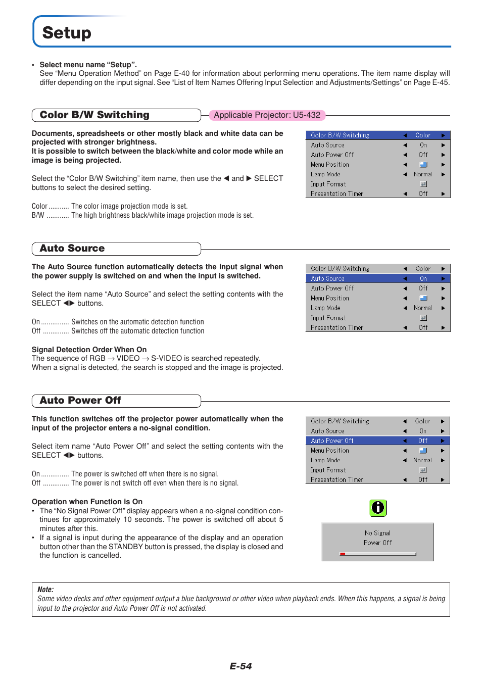 Setup, Color b/w switching, Auto source | Auto power off | PLUS Vision U5-432 User Manual | Page 54 / 70