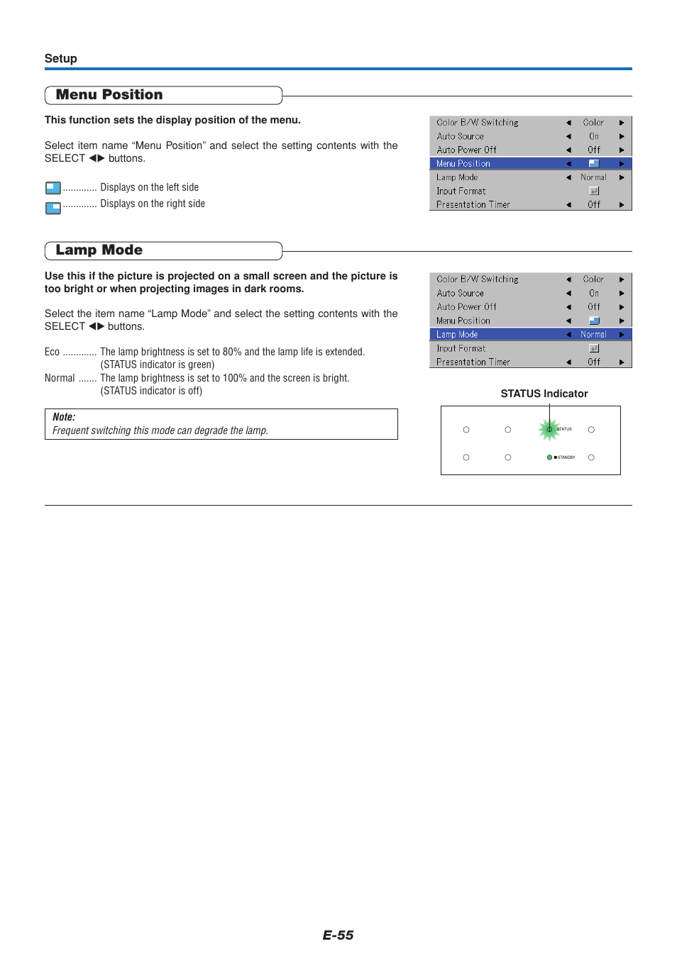 Menu position, Lamp mode, E-55 | PLUS Vision U5-432 User Manual | Page 55 / 70