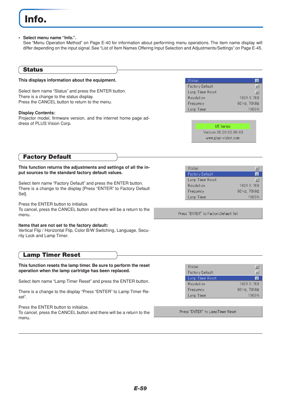 Info, Status, Factory default | Lamp timer reset | PLUS Vision U5-432 User Manual | Page 59 / 70