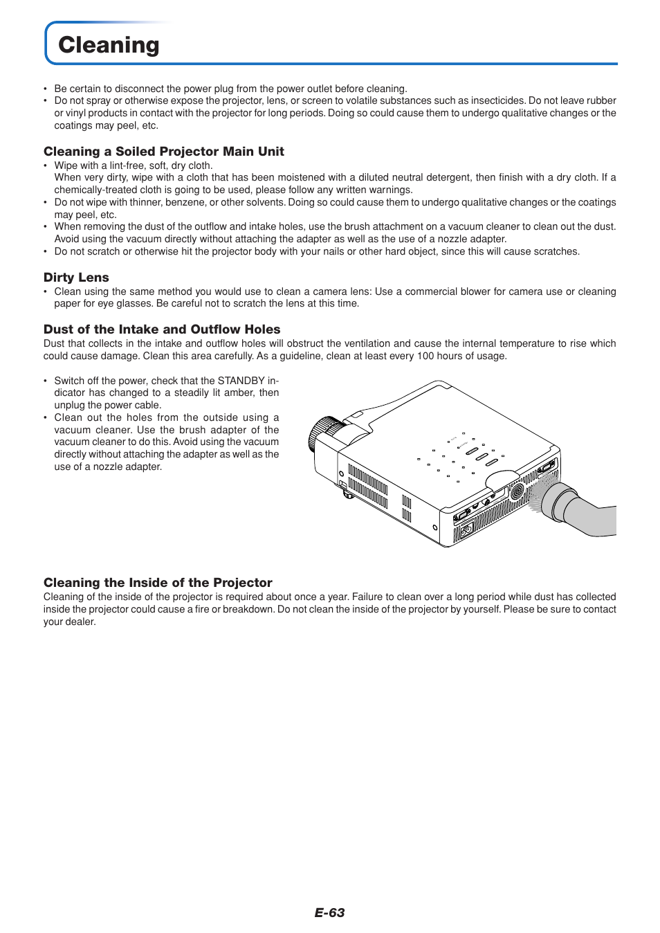Cleaning, E-63, Cleaning a soiled projector main unit | Dirty lens, Dust of the intake and outflow holes, Cleaning the inside of the projector | PLUS Vision U5-432 User Manual | Page 63 / 70