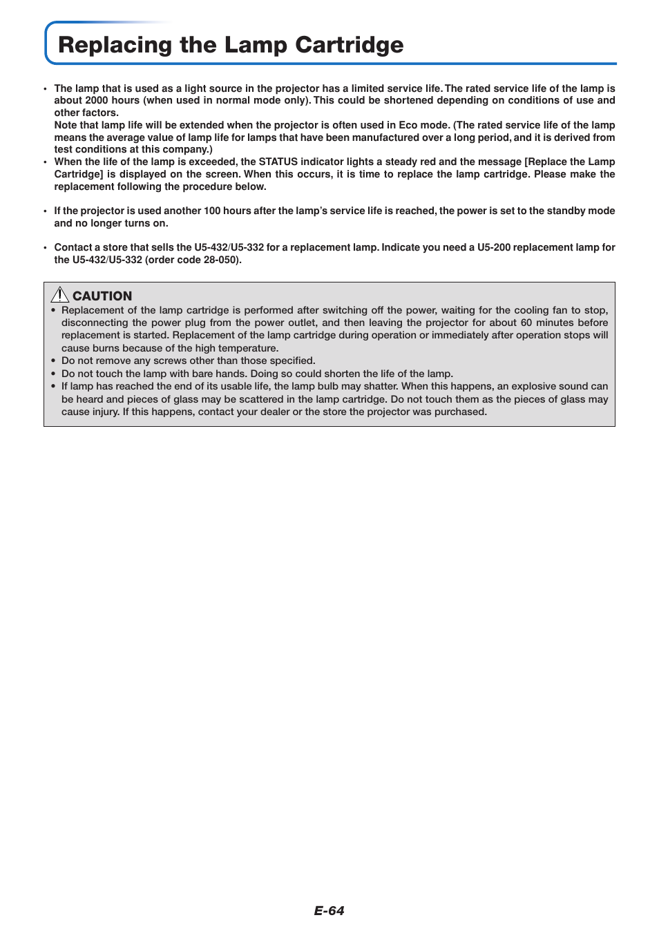 Replacing the lamp cartridge | PLUS Vision U5-432 User Manual | Page 64 / 70