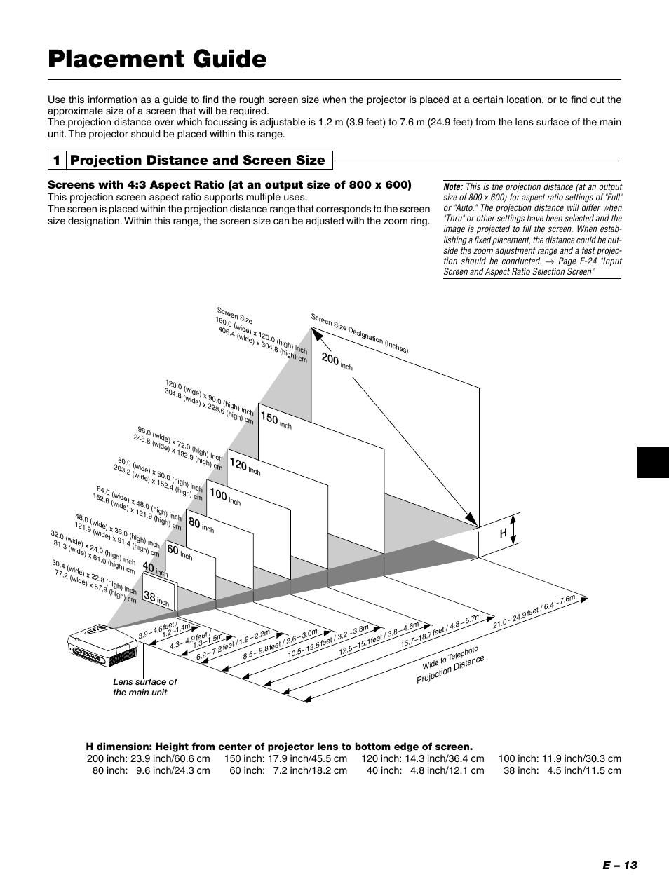 Placement guide, 1 projection distance and screen size, E – 13 | PLUS Vision PLUS Piano HE-3200 User Manual | Page 13 / 51