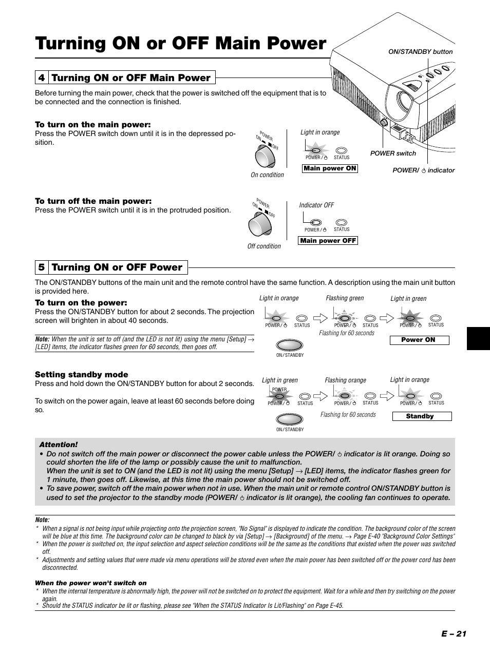 Turning on or off main power, 4 turning on or off main power, 5 turning on or off power | E – 21, Setting standby mode | PLUS Vision PLUS Piano HE-3200 User Manual | Page 21 / 51