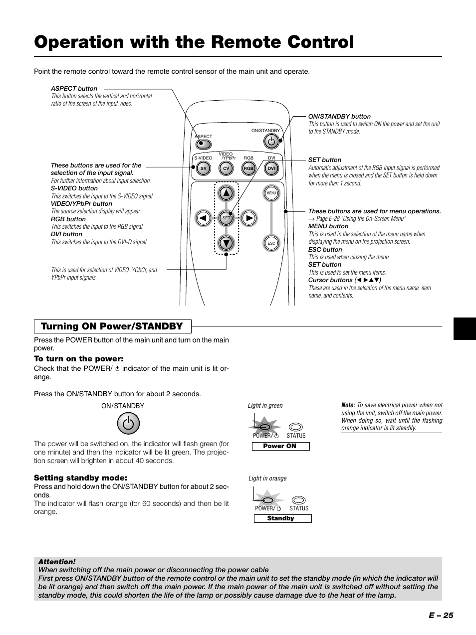 Operation with the remote control, Turning on power/standby, E – 25 | Setting standby mode | PLUS Vision PLUS Piano HE-3200 User Manual | Page 25 / 51