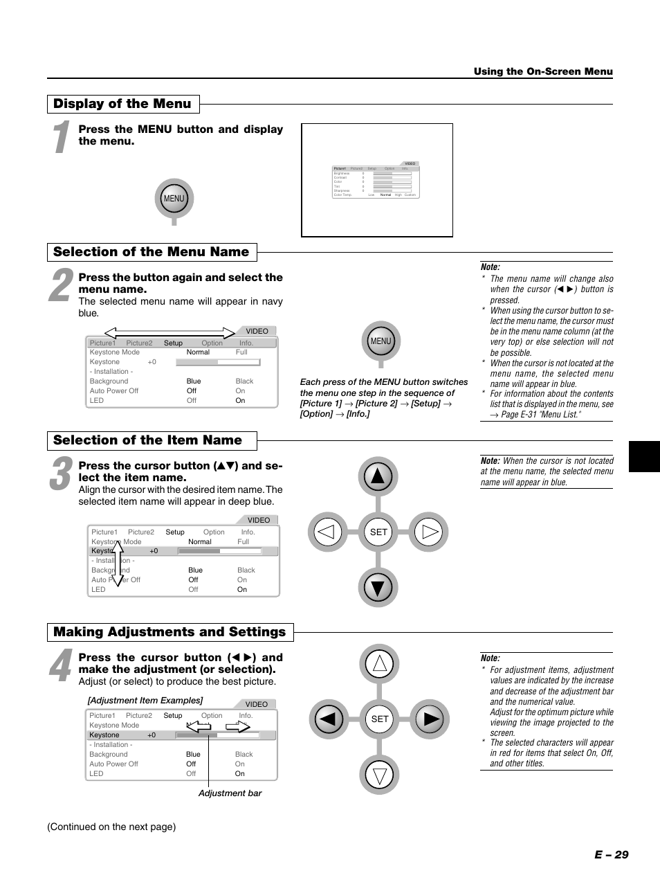 Display of the menu, Selection of the menu name, Selection of the item name | Making adjustments and settings, E – 29, Press the menu button and display the menu, Press the button again and select the menu name | PLUS Vision PLUS Piano HE-3200 User Manual | Page 29 / 51