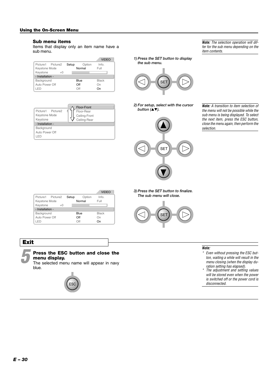 Exit, E – 30, Press the esc button and close the menu display | Sub menu items | PLUS Vision PLUS Piano HE-3200 User Manual | Page 30 / 51