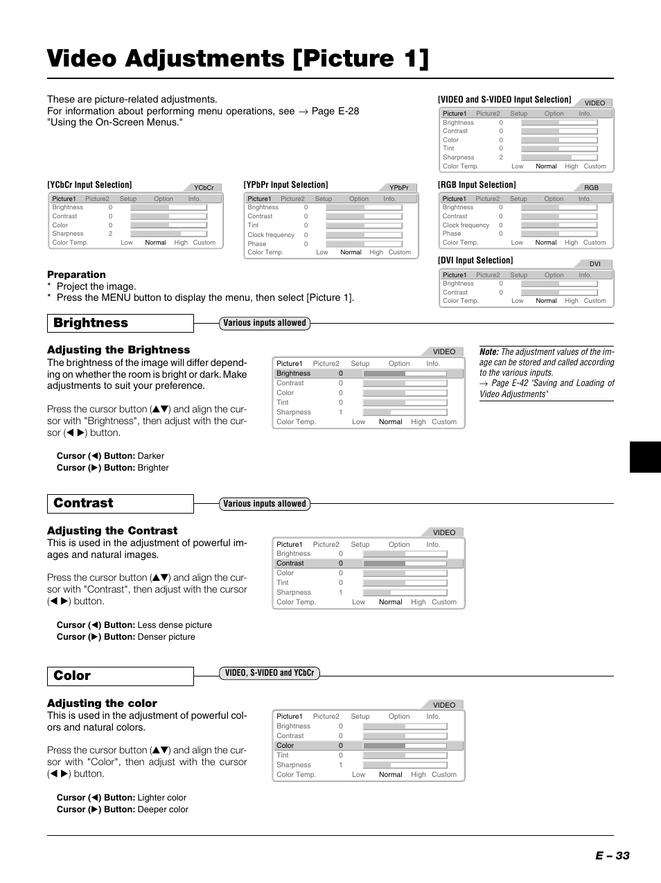 Video adjustments [picture 1, Color, Contrast | Brightness, E – 33, Adjusting the color, Adjusting the contrast, Adjusting the brightness | PLUS Vision PLUS Piano HE-3200 User Manual | Page 33 / 51