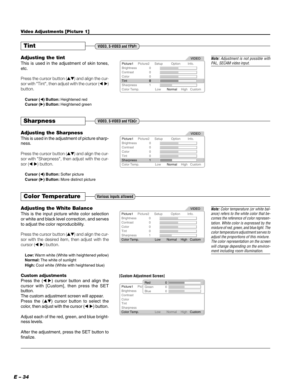 Color temperature, Sharpness, Tint | E – 34, Adjusting the white balance, Adjusting the sharpness, Adjusting the tint | PLUS Vision PLUS Piano HE-3200 User Manual | Page 34 / 51
