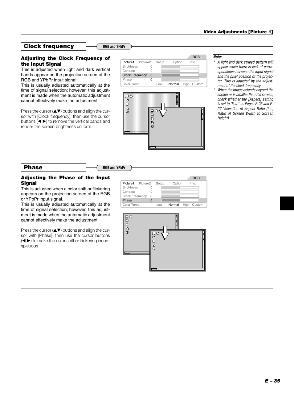 Clock frequency, Phase, E – 35 | Adjusting the clock frequency of the input signal, Adjusting the phase of the input signal | PLUS Vision PLUS Piano HE-3200 User Manual | Page 35 / 51