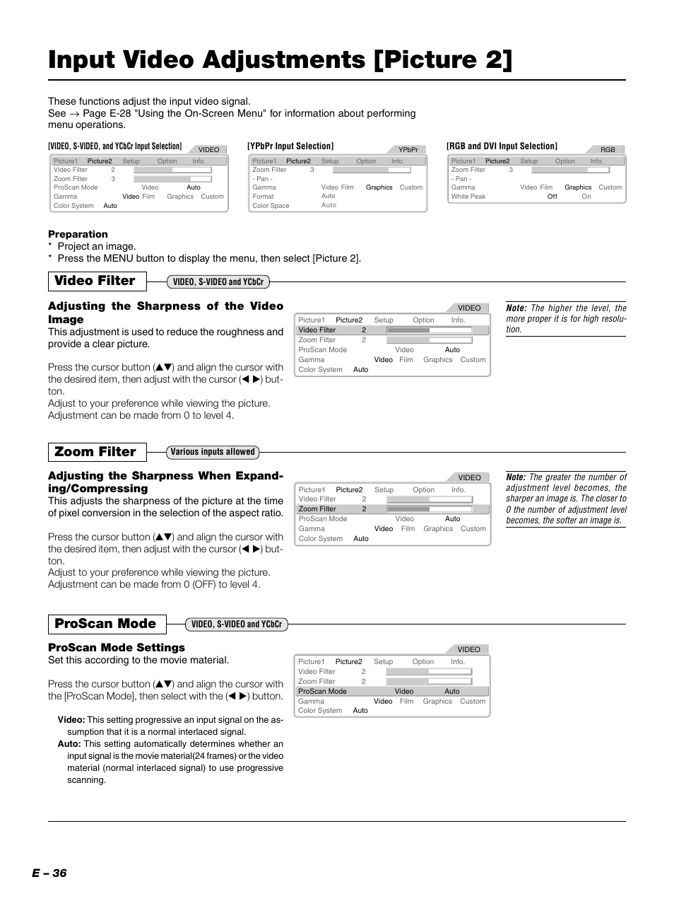 Input video adjustments [picture 2, Video filter, Zoom filter | Proscan mode, E – 36, Adjusting the sharpness of the video image, Proscan mode settings | PLUS Vision PLUS Piano HE-3200 User Manual | Page 36 / 51