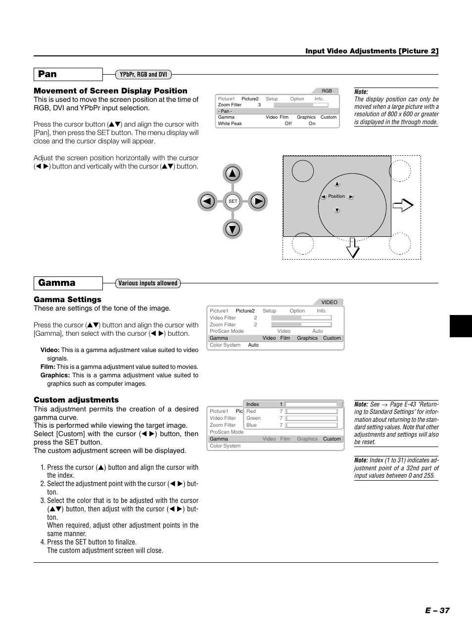 Gamma, E – 37, Movement of screen display position | Gamma settings, Custom adjustments | PLUS Vision PLUS Piano HE-3200 User Manual | Page 37 / 51