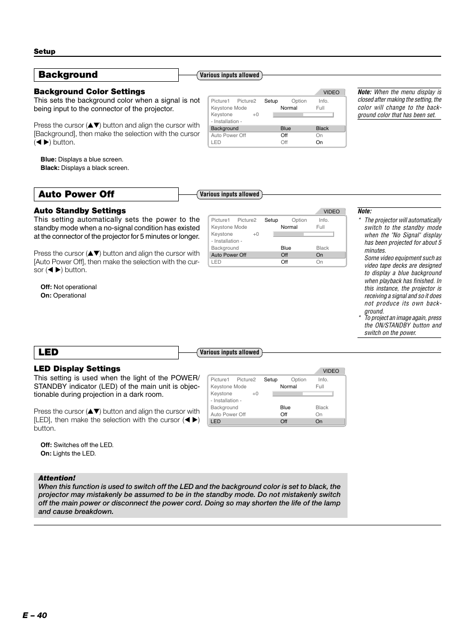 Background, Auto power off, E – 40 | Background color settings, Auto standby settings, Led display settings | PLUS Vision PLUS Piano HE-3200 User Manual | Page 40 / 51
