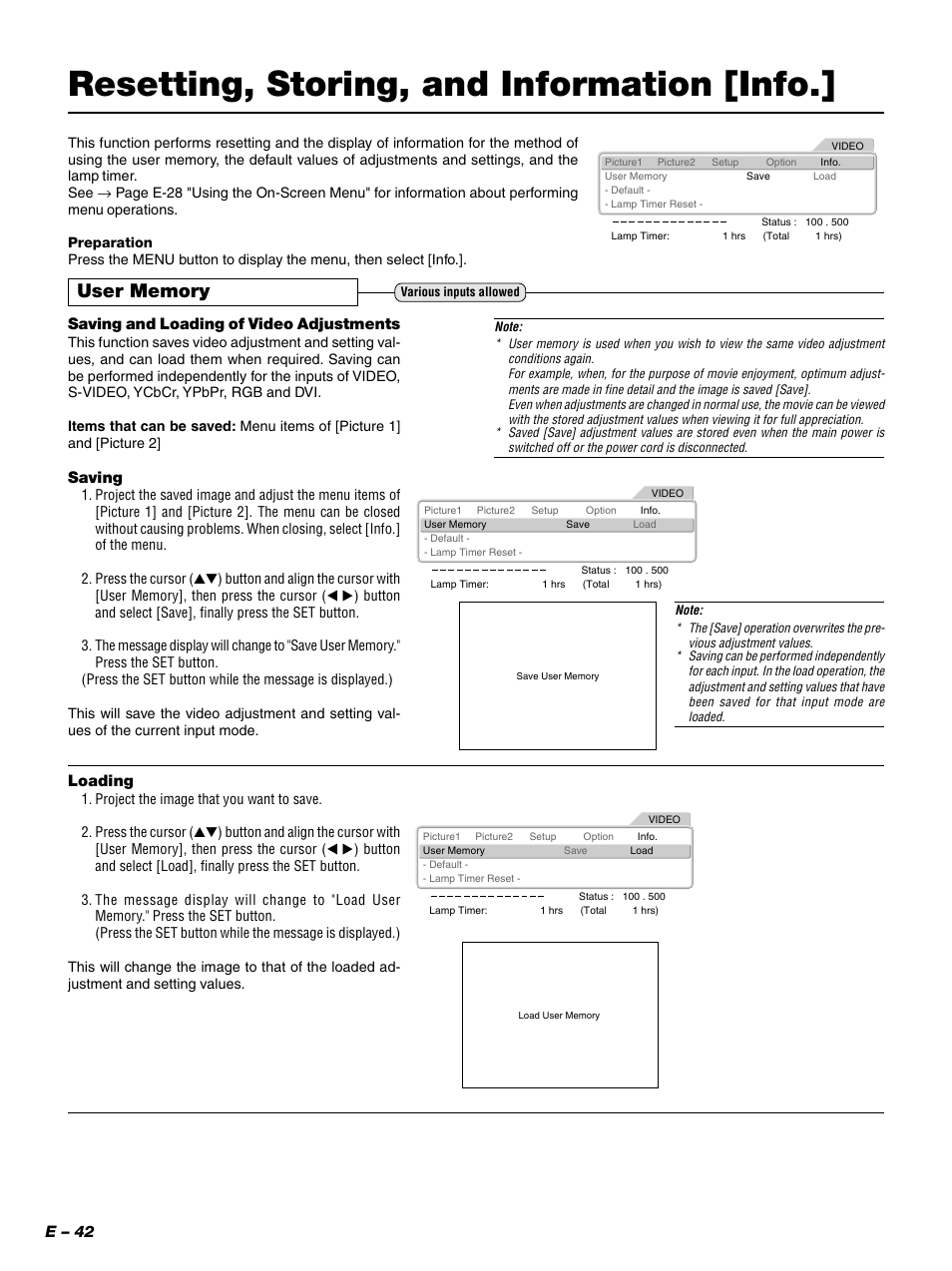 Resetting, storing, and information [info, E – 42, Saving and loading of video adjustments | Saving, Loading | PLUS Vision PLUS Piano HE-3200 User Manual | Page 42 / 51